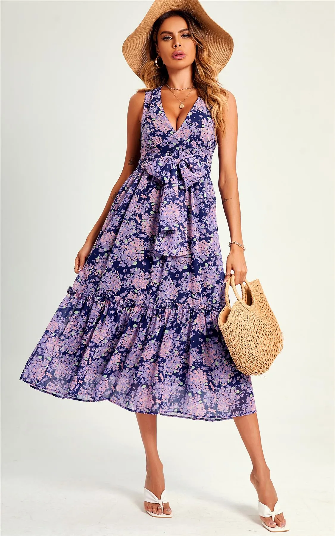 Flora Print V Neck  Midi Dress In Navy