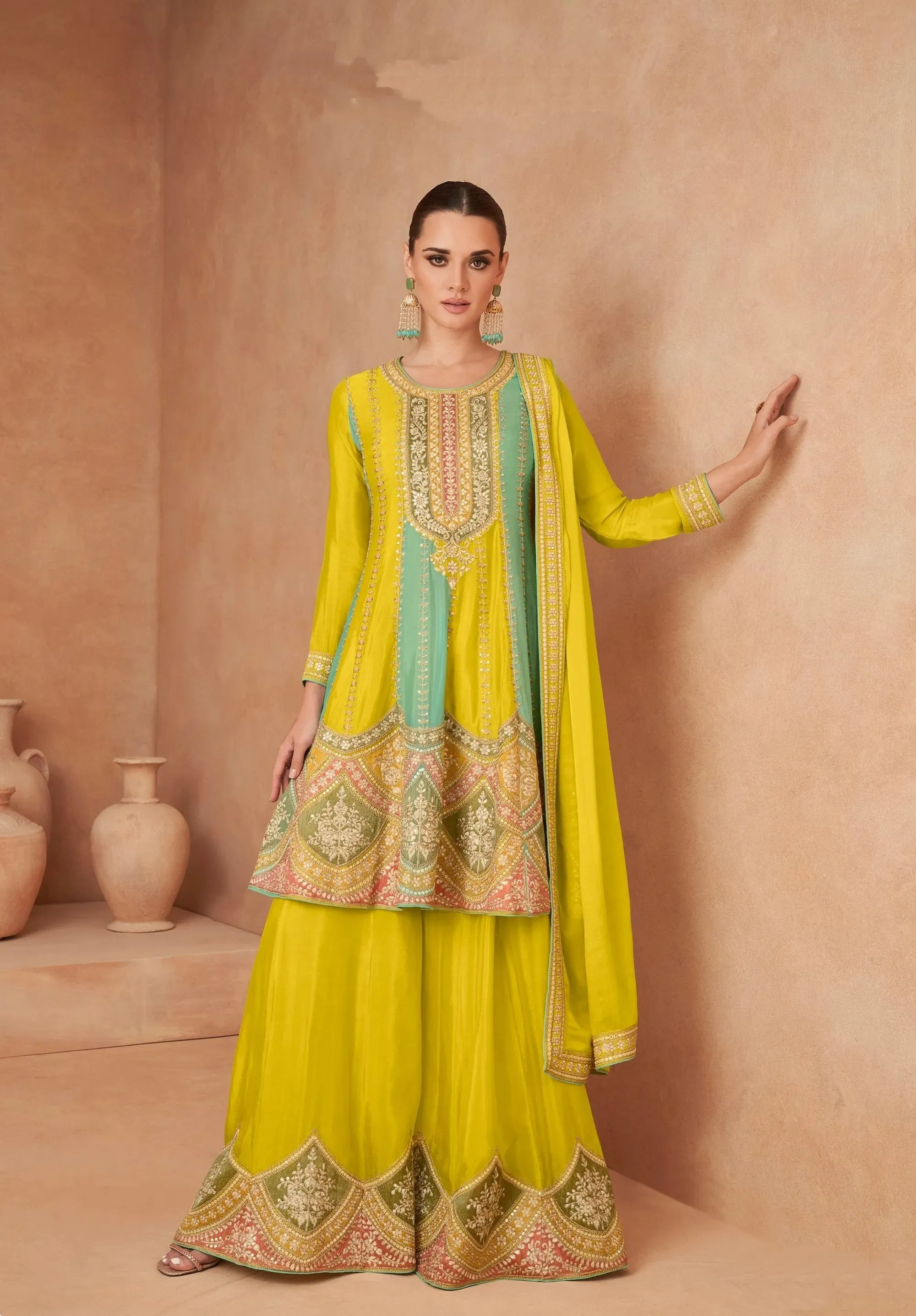 Glorious Yellow Embroidered Chinon Palazzo Set