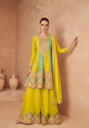 Glorious Yellow Embroidered Chinon Palazzo Set