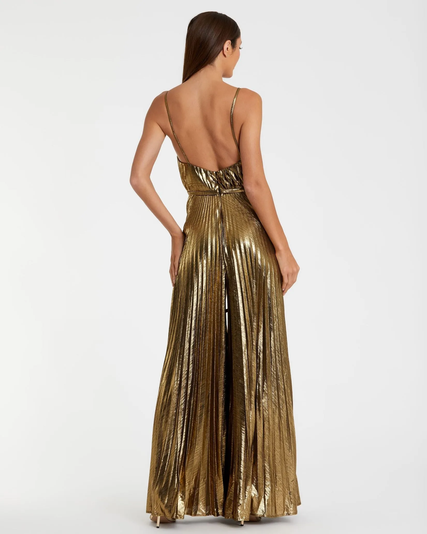 Gold Metallic Pleated V-Neck Jumpsuit