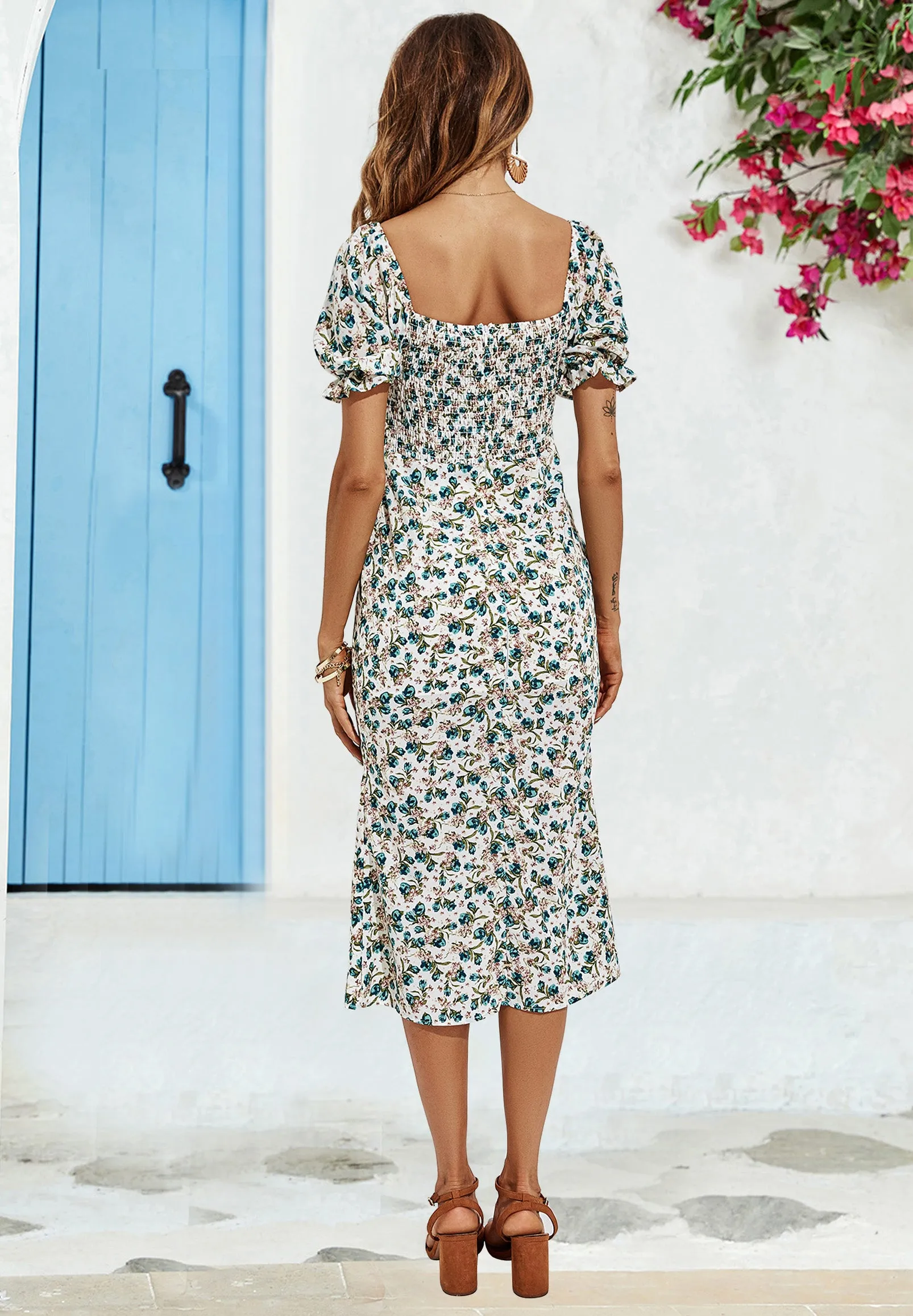 Green Floral Print Puff Sleeve Midi Dress In White