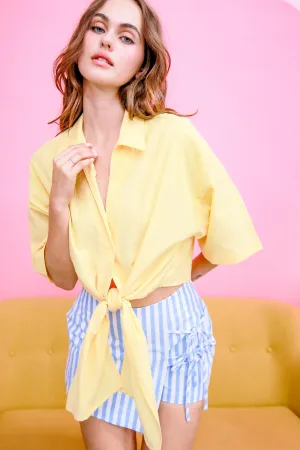 HF25C749-Pinstriped Tie-Up Front Collared Top