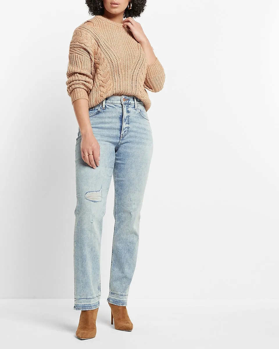 High Waisted Light Wash Ripped Straight Jeans in Light Wash