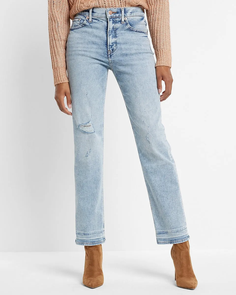 High Waisted Light Wash Ripped Straight Jeans in Light Wash