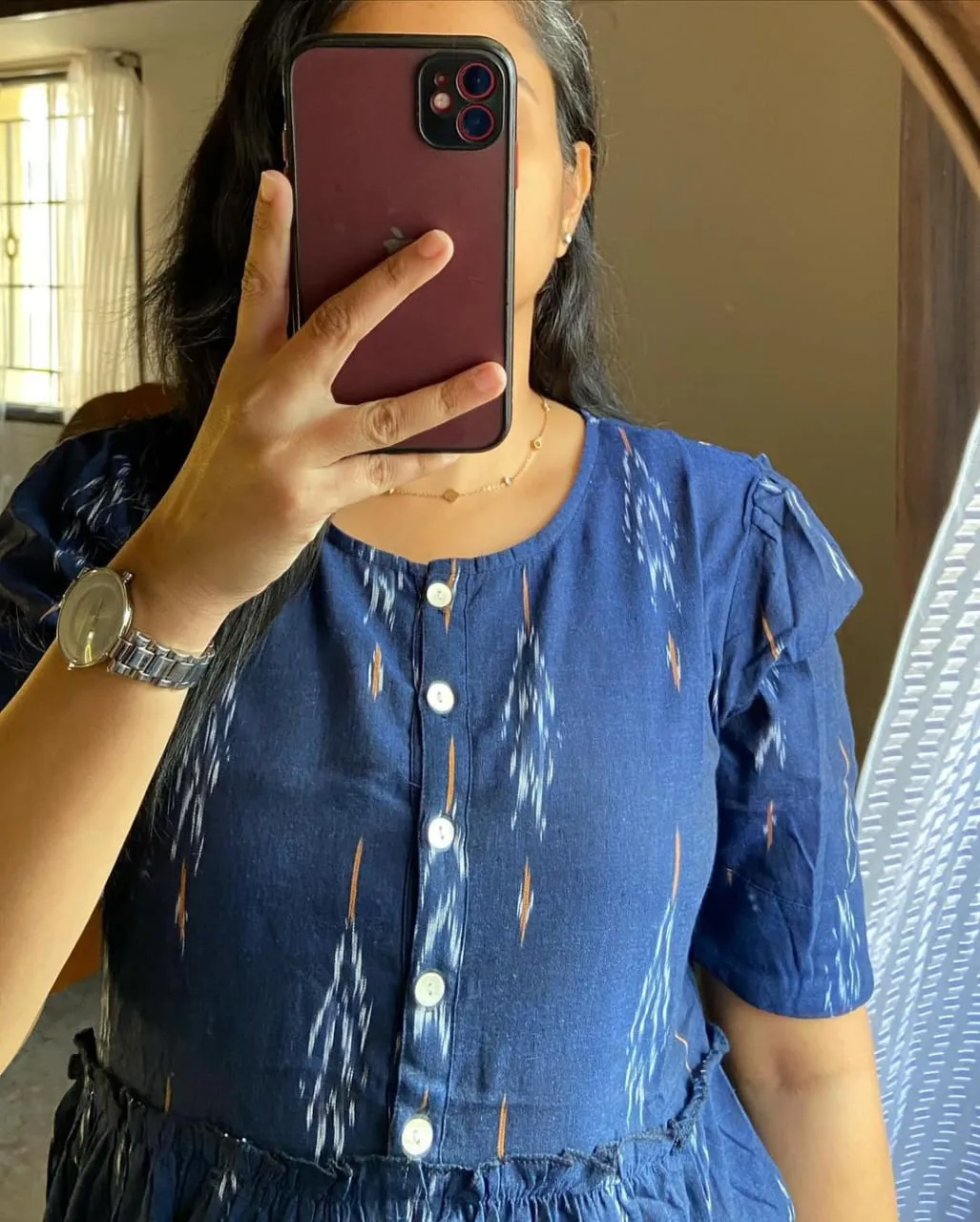 Ikat Print Cotton Midi Dress in Blue