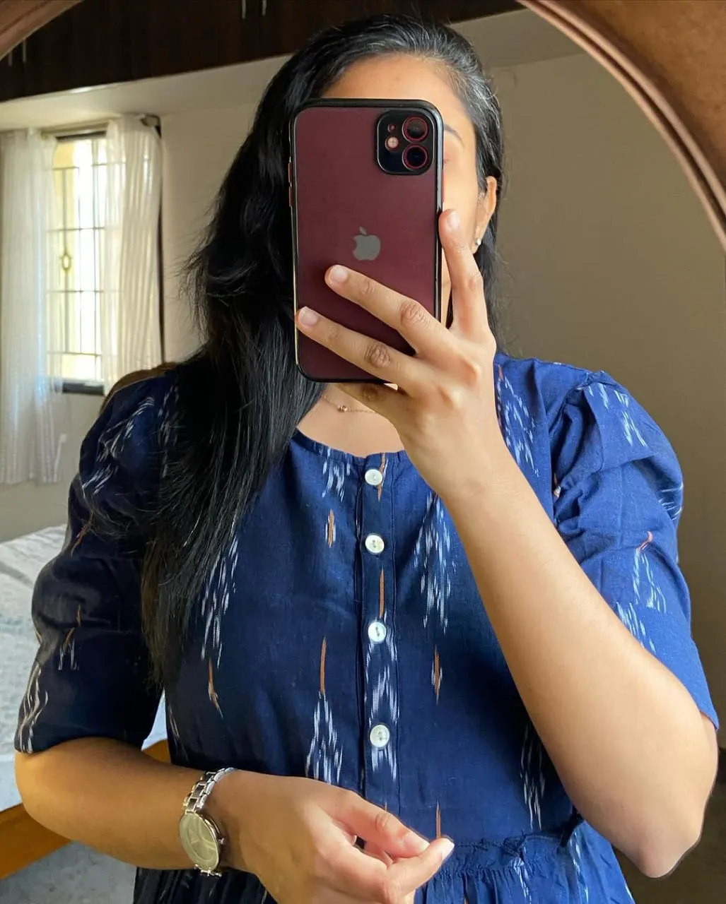 Ikat Print Cotton Midi Dress in Blue