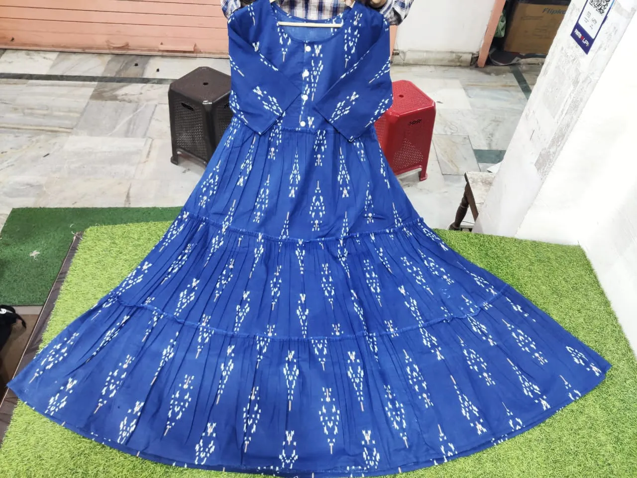 Ikat Print Cotton Midi Dress in Blue
