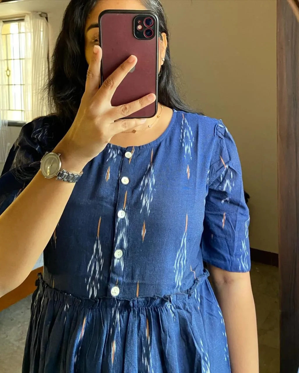 Ikat Print Cotton Midi Dress in Blue