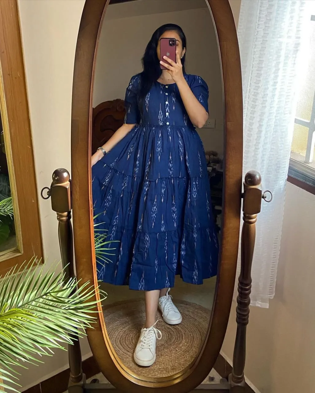 Ikat Print Cotton Midi Dress in Blue