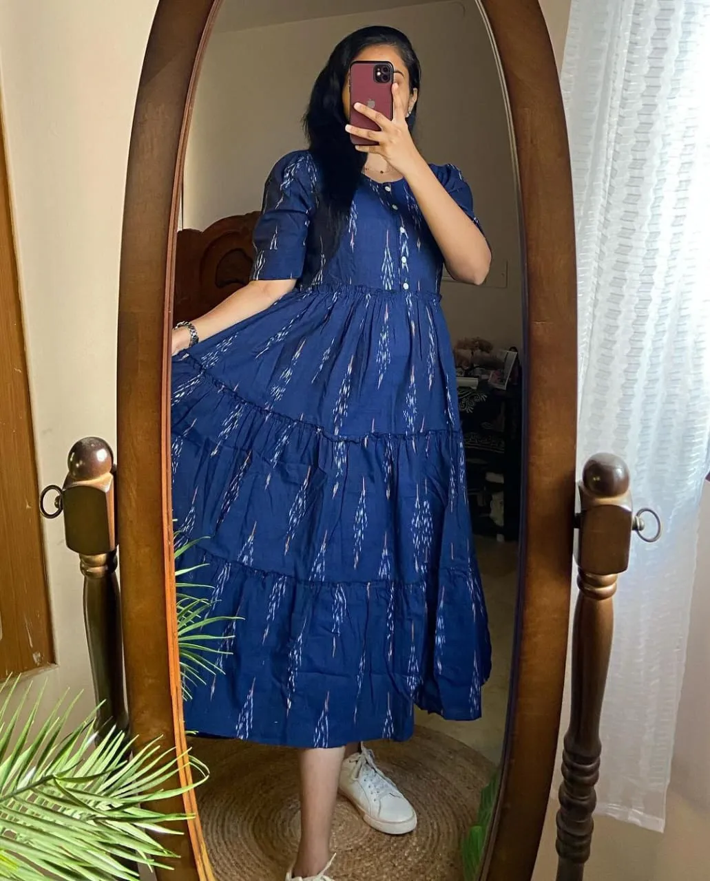 Ikat Print Cotton Midi Dress in Blue