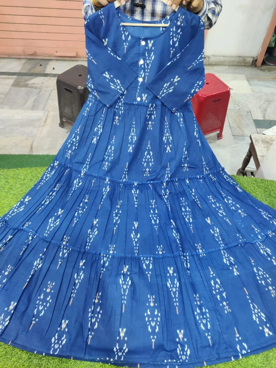 Ikat Print Cotton Midi Dress in Blue