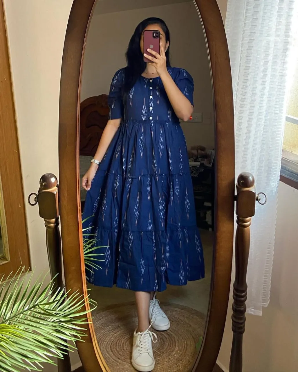 Ikat Print Cotton Midi Dress in Blue