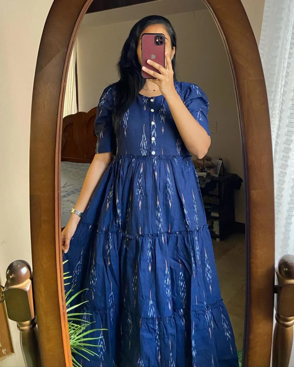 Ikat Print Cotton Midi Dress in Blue