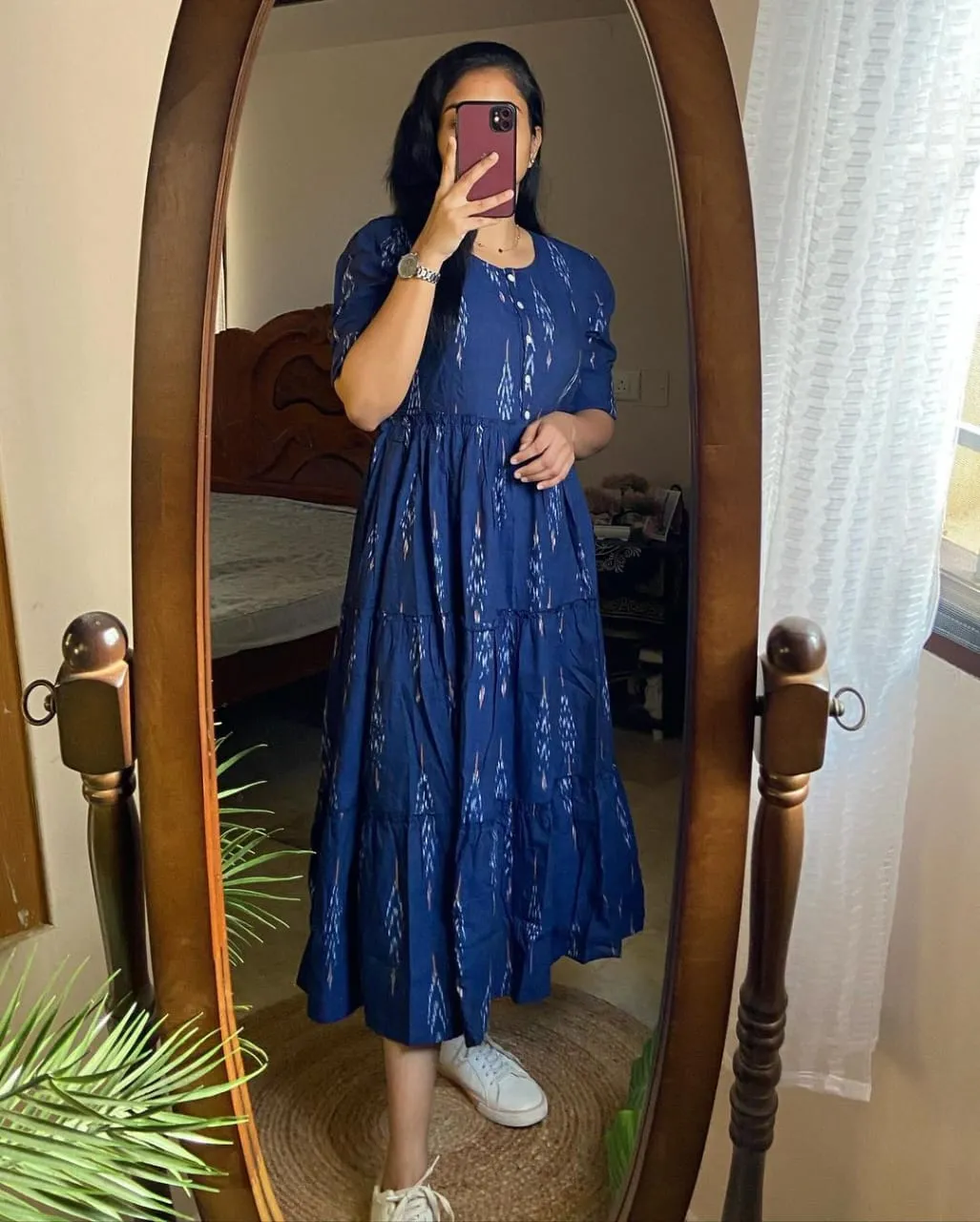 Ikat Print Cotton Midi Dress in Blue