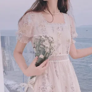 Joskaa Back to College One Piece Dress Korean Lady Elegant Vintage Dress Women Casual Floral Design Sexy Midi Dresses Evening Lace-Up 2024 Summer Chic