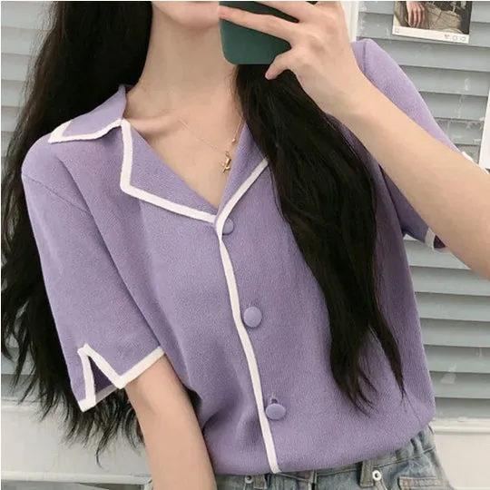 Line Striped Elegant Notched Blouse Shirt