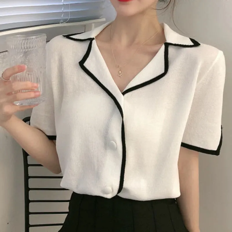 Line Striped Elegant Notched Blouse Shirt