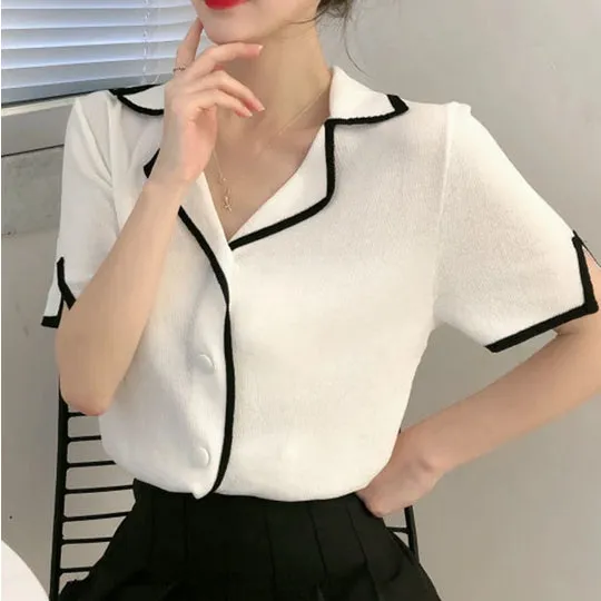 Line Striped Elegant Notched Blouse Shirt