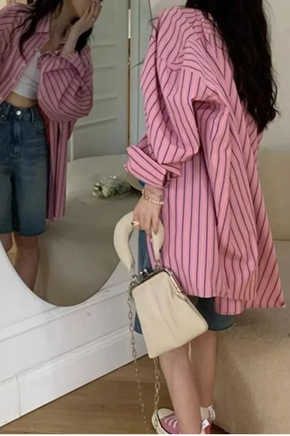 Long Sleeve Pink Striped Casual Blouse Shirt
