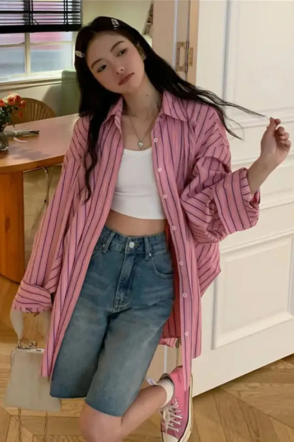 Long Sleeve Pink Striped Casual Blouse Shirt