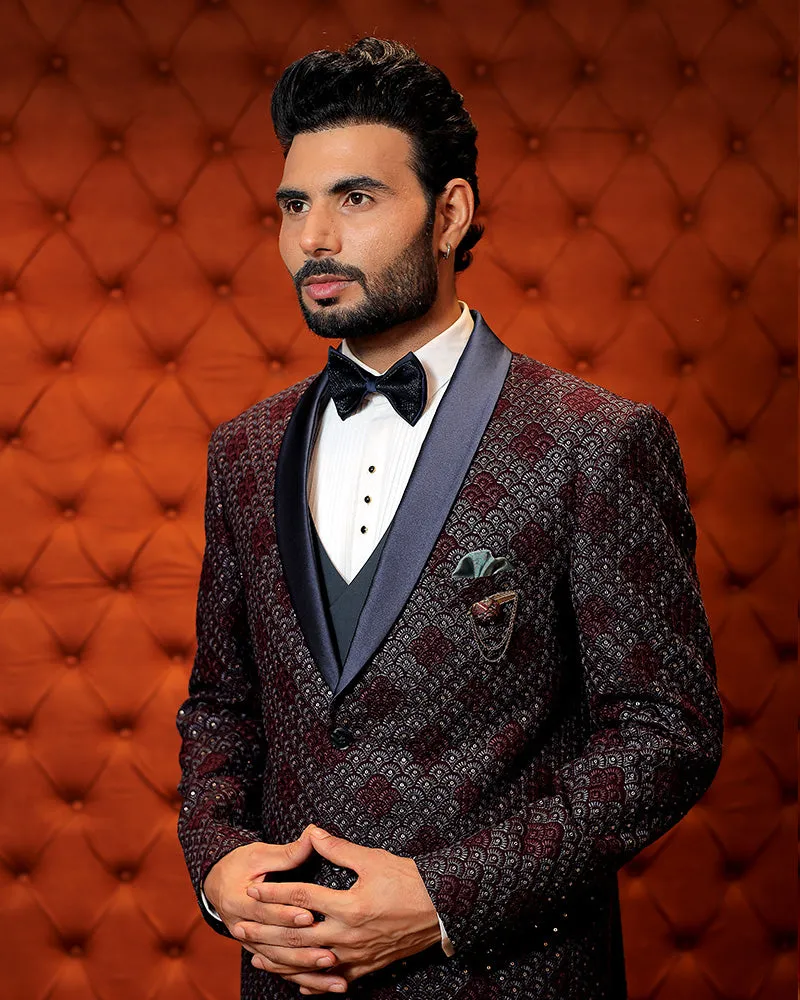 Maroon Sequin and Thread Detail Coat Suit