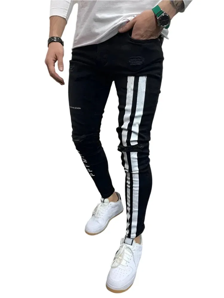 Men's Printed Washed Stretch Jeans - Slim Fit Casual Zipper Denim Pants, Skinny Ripped Pencil Trousers for Men
