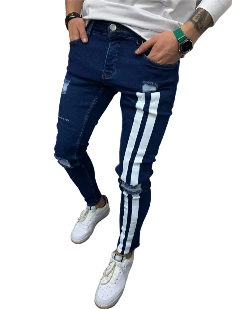 Men's Printed Washed Stretch Jeans - Slim Fit Casual Zipper Denim Pants, Skinny Ripped Pencil Trousers for Men