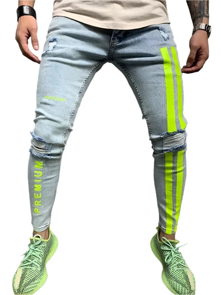 Men's Printed Washed Stretch Jeans - Slim Fit Casual Zipper Denim Pants, Skinny Ripped Pencil Trousers for Men