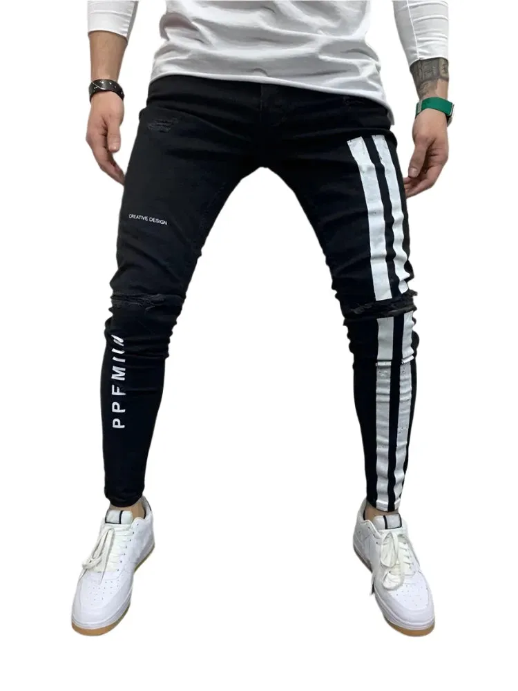 Men's Printed Washed Stretch Jeans - Slim Fit Casual Zipper Denim Pants, Skinny Ripped Pencil Trousers for Men