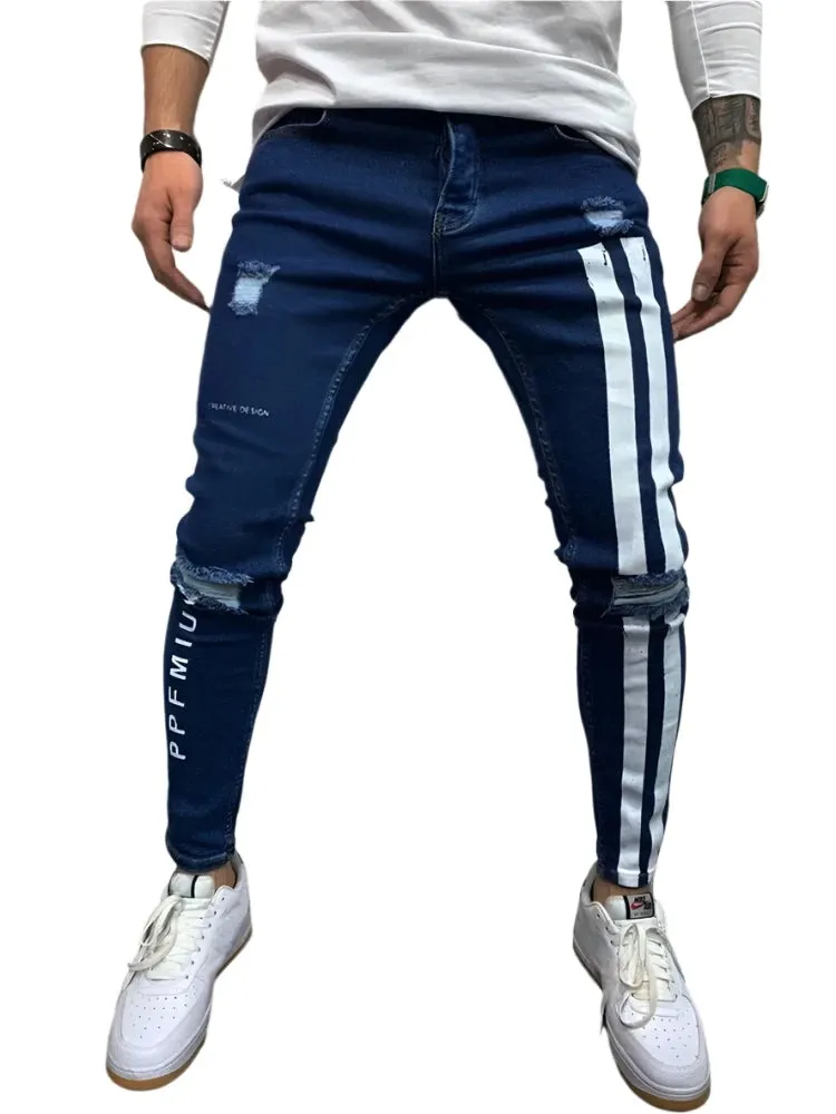 Men's Printed Washed Stretch Jeans - Slim Fit Casual Zipper Denim Pants, Skinny Ripped Pencil Trousers for Men