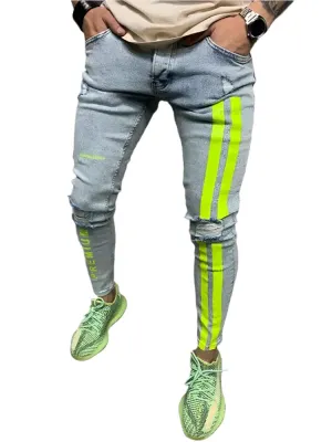 Men's Printed Washed Stretch Jeans - Slim Fit Casual Zipper Denim Pants, Skinny Ripped Pencil Trousers for Men