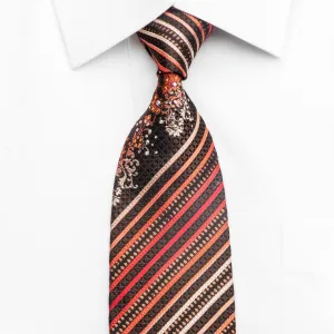 Metro City Men's Rhinestone Silk Tie Red Orange Striped On Brown With Sparkles