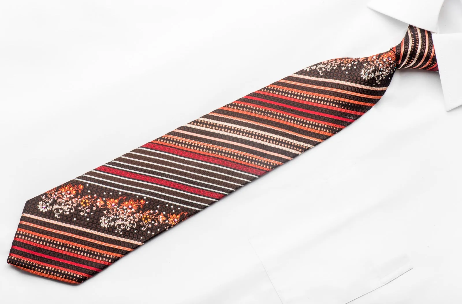 Metro City Men's Rhinestone Silk Tie Red Orange Striped On Brown With Sparkles