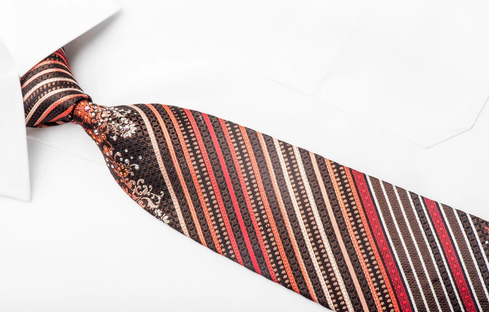 Metro City Men's Rhinestone Silk Tie Red Orange Striped On Brown With Sparkles
