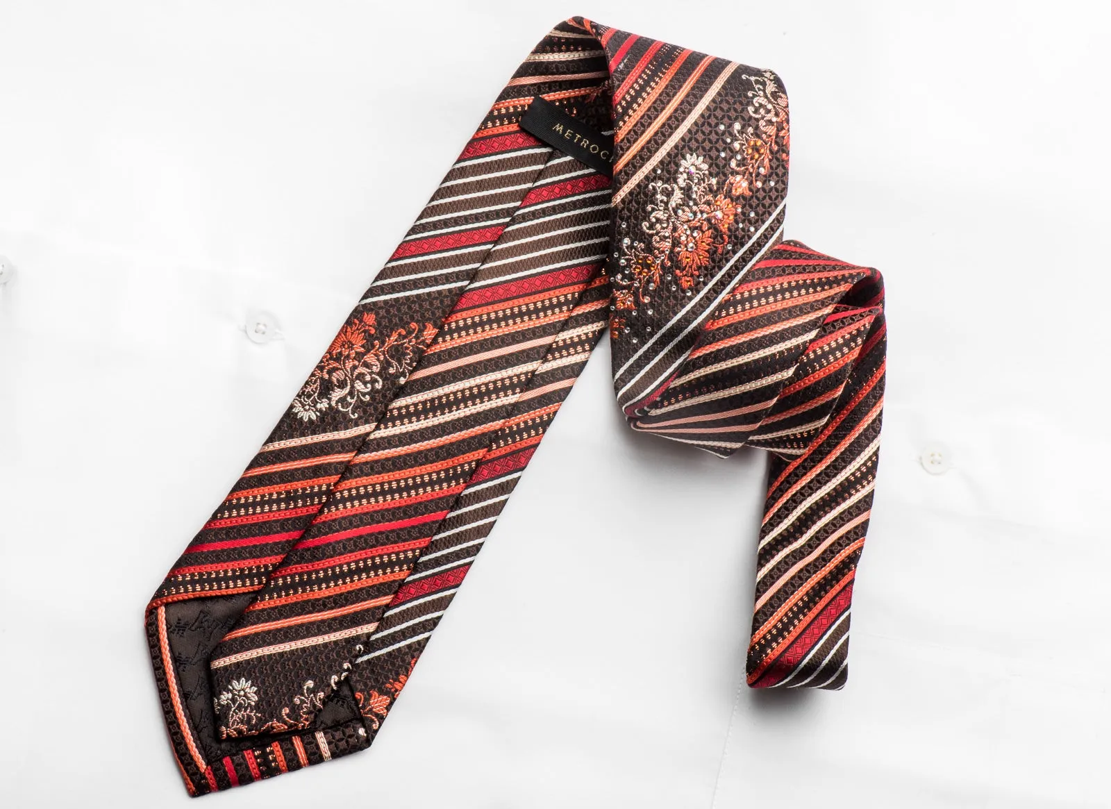 Metro City Men's Rhinestone Silk Tie Red Orange Striped On Brown With Sparkles