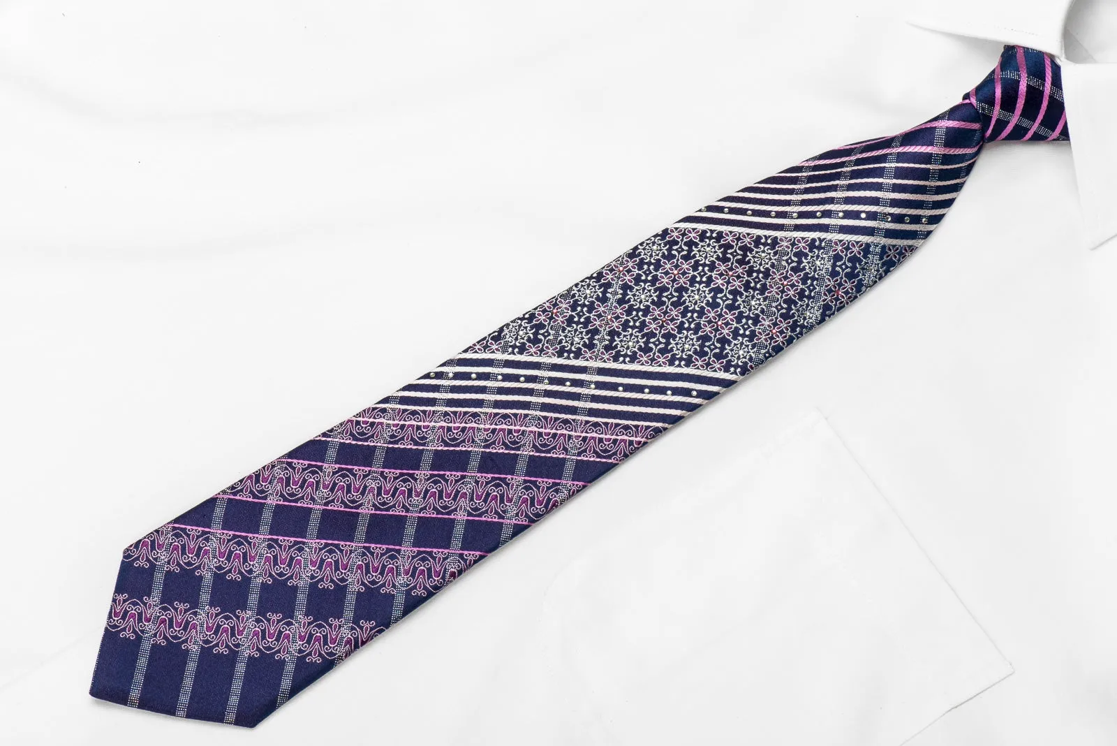 Micheal Angelo Men's Crystal Silk Necktie Silver Purple Striped Cartouche On Navy With Silver Sparkles