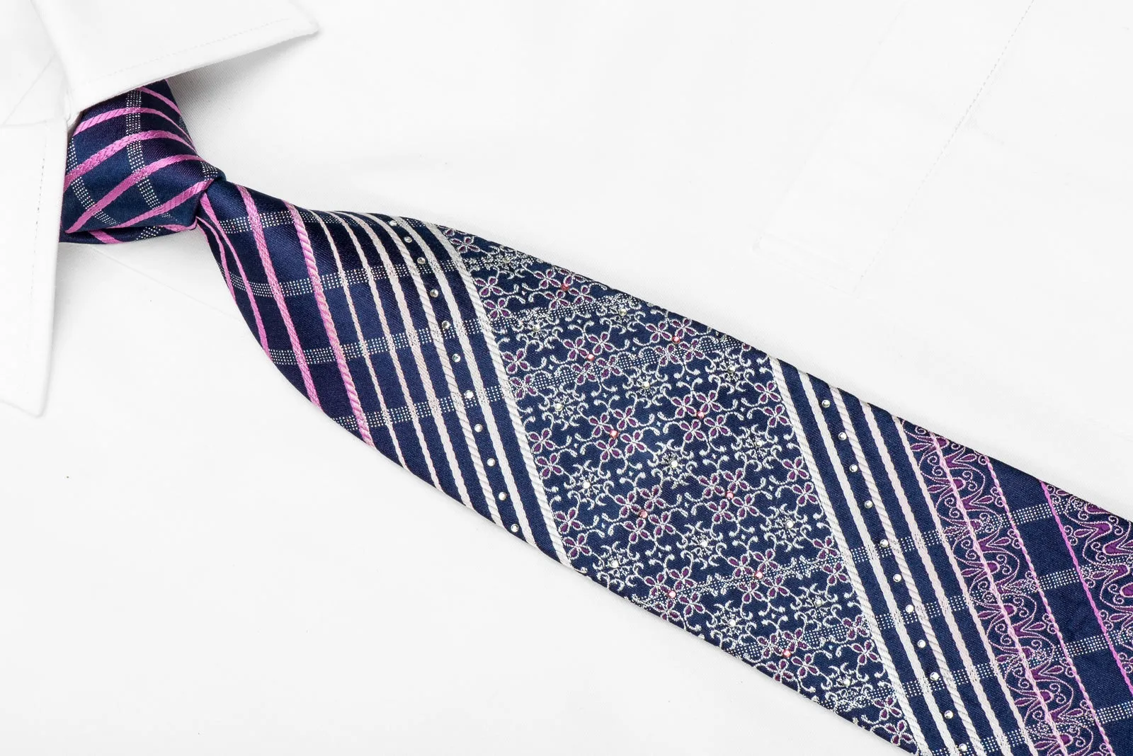 Micheal Angelo Men's Crystal Silk Necktie Silver Purple Striped Cartouche On Navy With Silver Sparkles