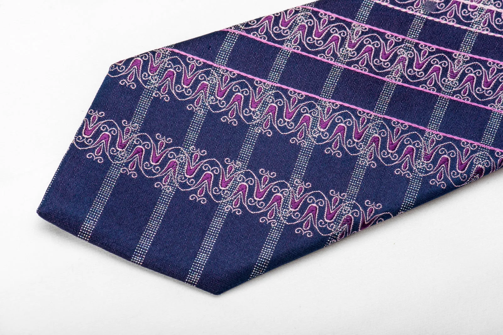 Micheal Angelo Men's Crystal Silk Necktie Silver Purple Striped Cartouche On Navy With Silver Sparkles