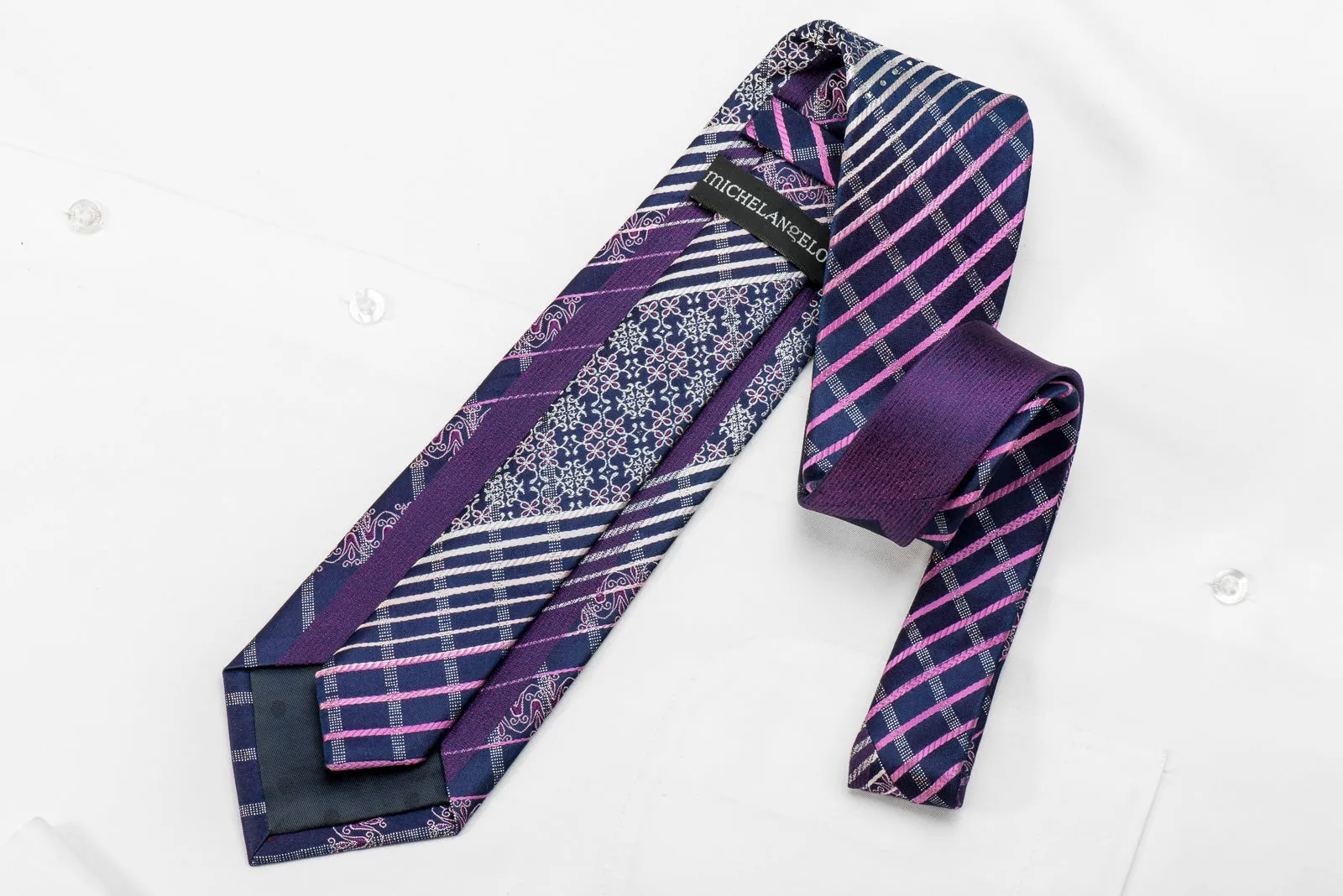 Micheal Angelo Men's Crystal Silk Necktie Silver Purple Striped Cartouche On Navy With Silver Sparkles
