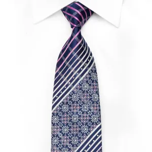 Micheal Angelo Men's Crystal Silk Necktie Silver Purple Striped Cartouche On Navy With Silver Sparkles