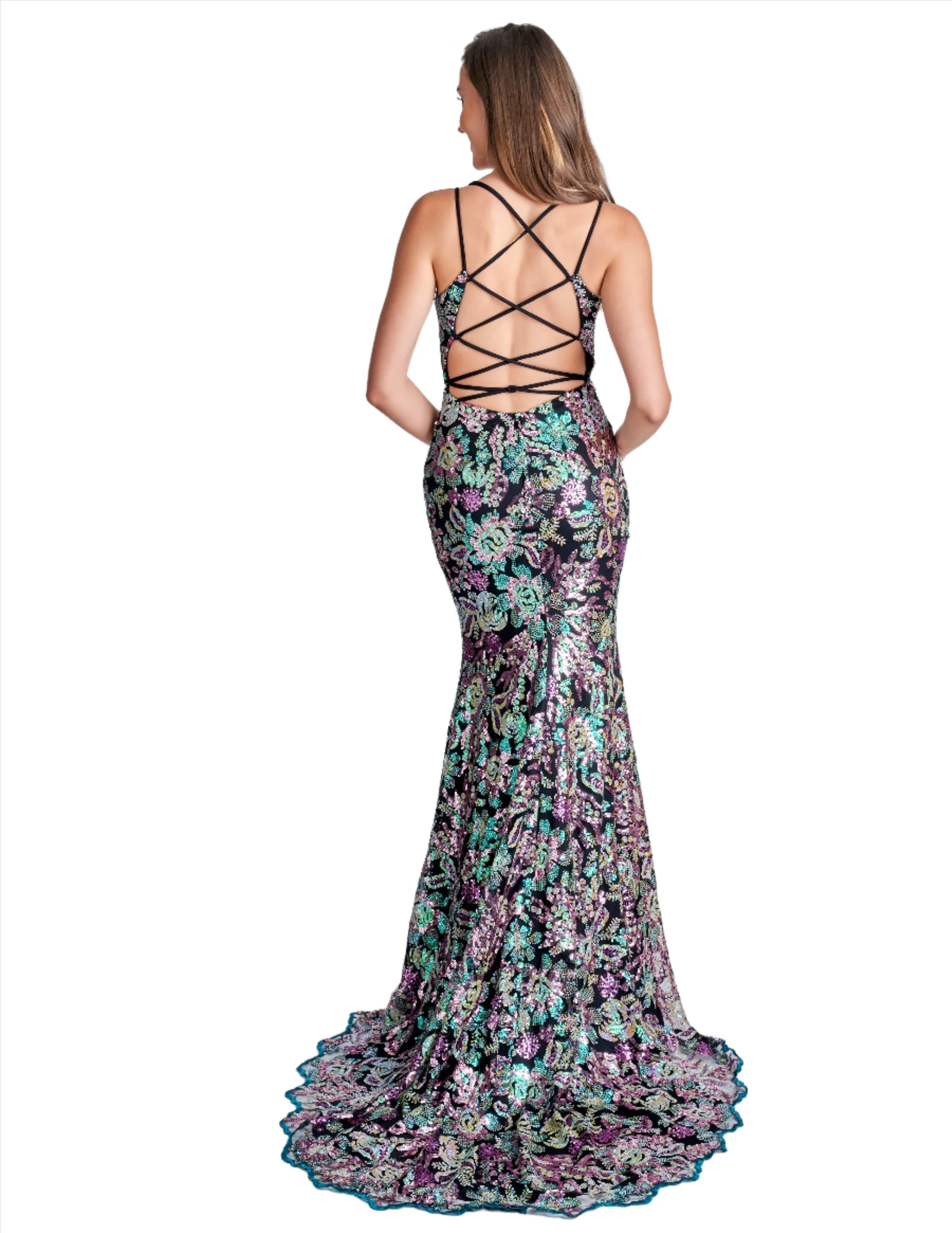 Nina Canacci 2382 Size 4 Black Multi Sequin Print Formal Prom Dress Backless Corset V Neck Evening Gown