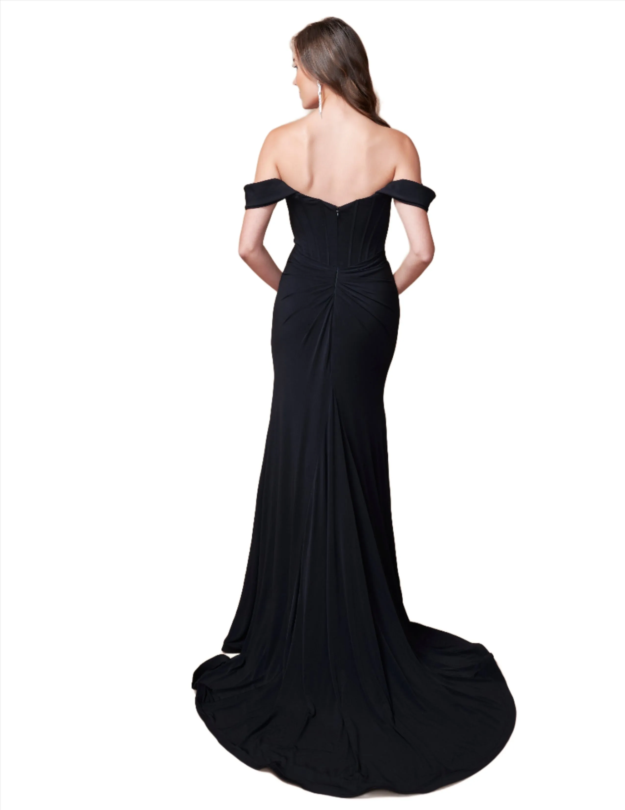 Nina Canacci 2398 Fitted Corset Dress off the Shoulder Formal Slit Evening Gown Scoop neck