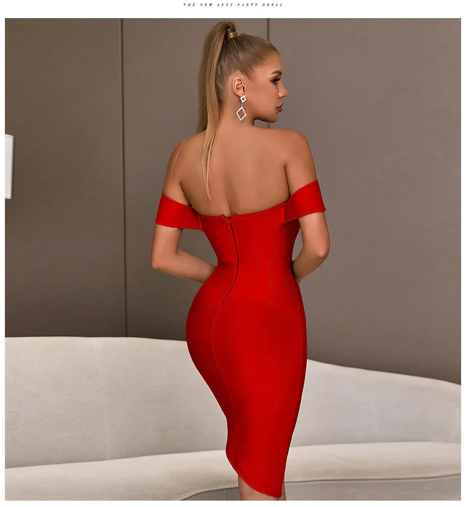 Off-Shoulder Bodycon Evening Runway Midi Dress