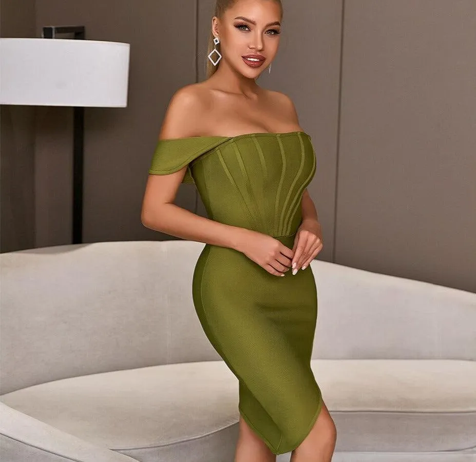 Off-Shoulder Bodycon Evening Runway Midi Dress