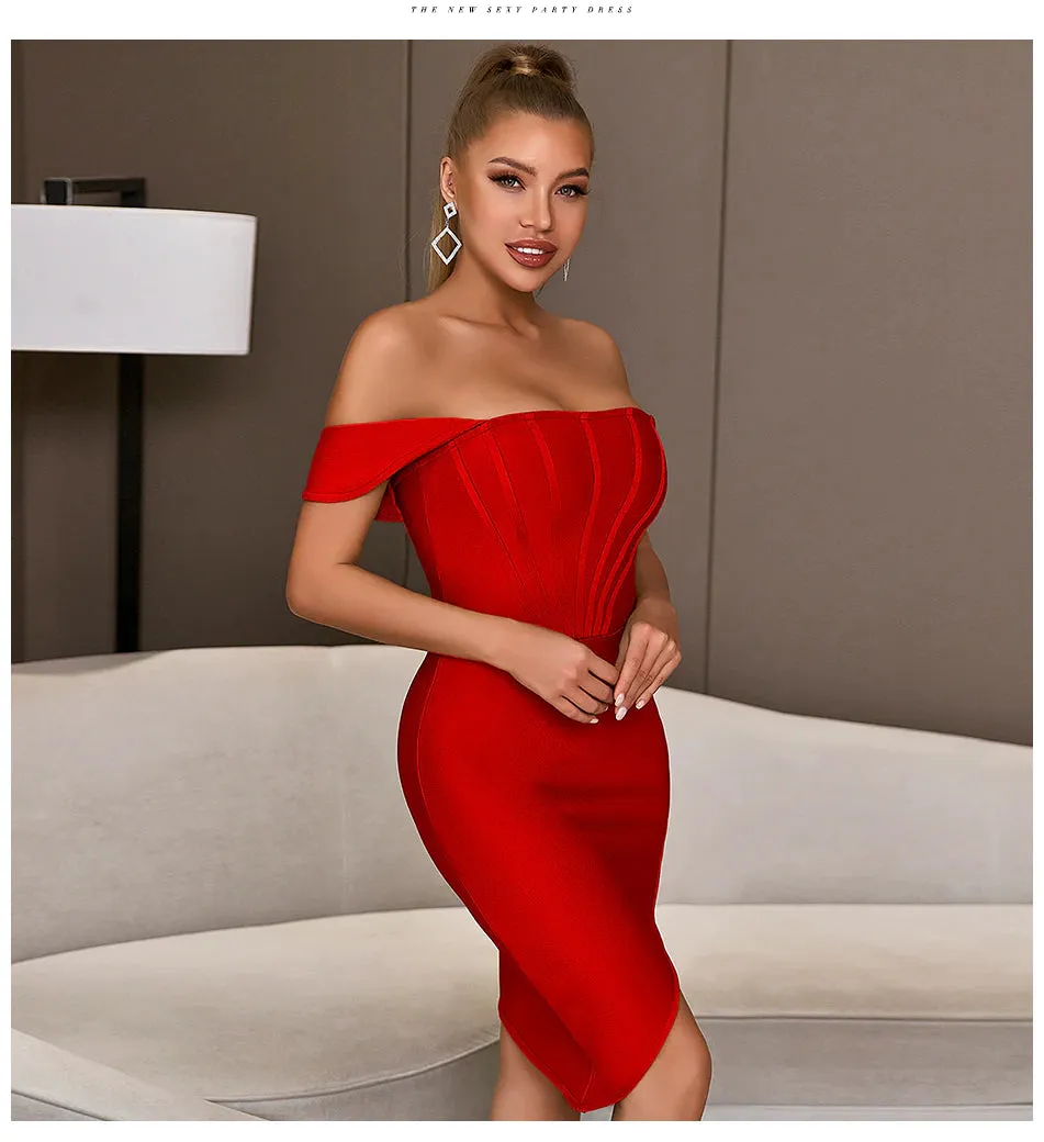 Off-Shoulder Bodycon Evening Runway Midi Dress