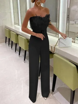 Plume Perfection Belted Slim Fit Jumpsuit - Black