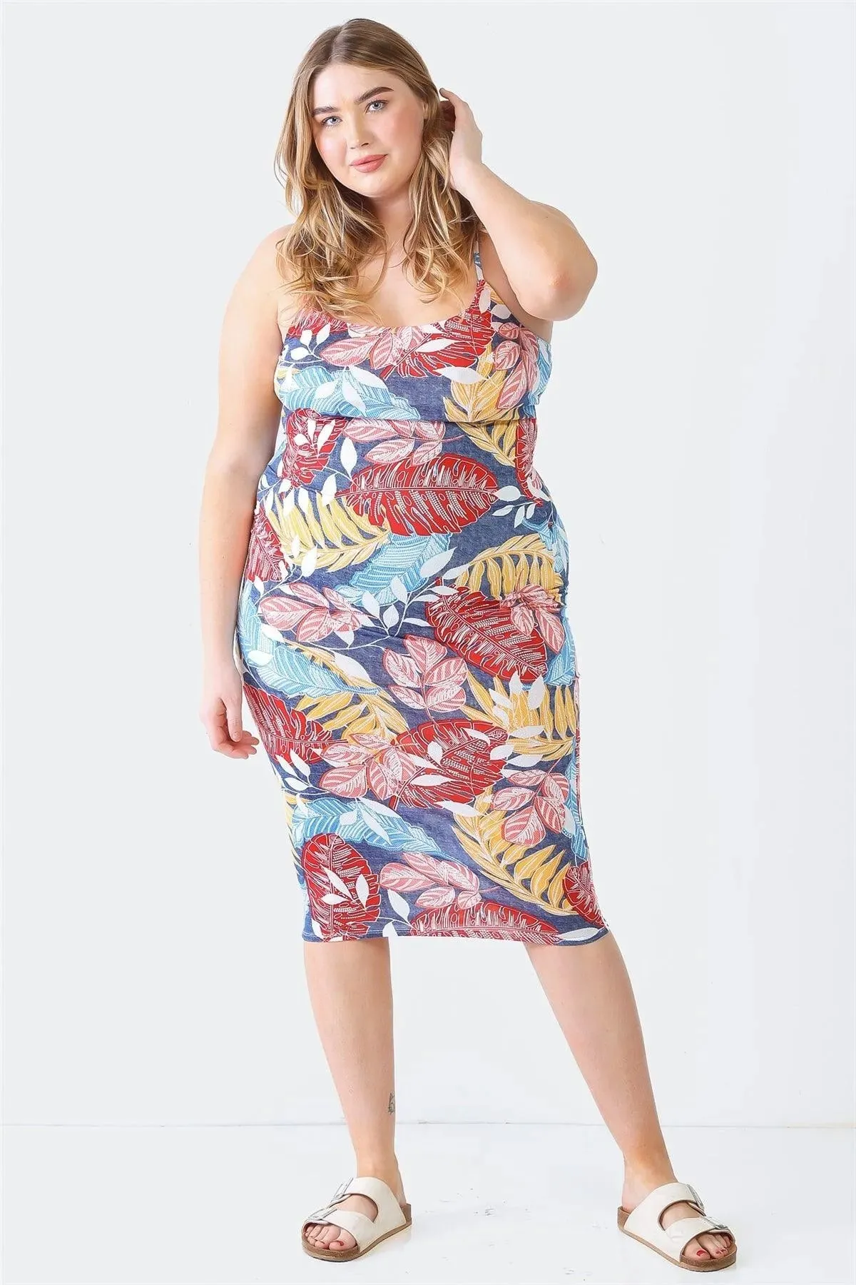 Plus Size Red Palm Leaves Print Strappy Midi Dress