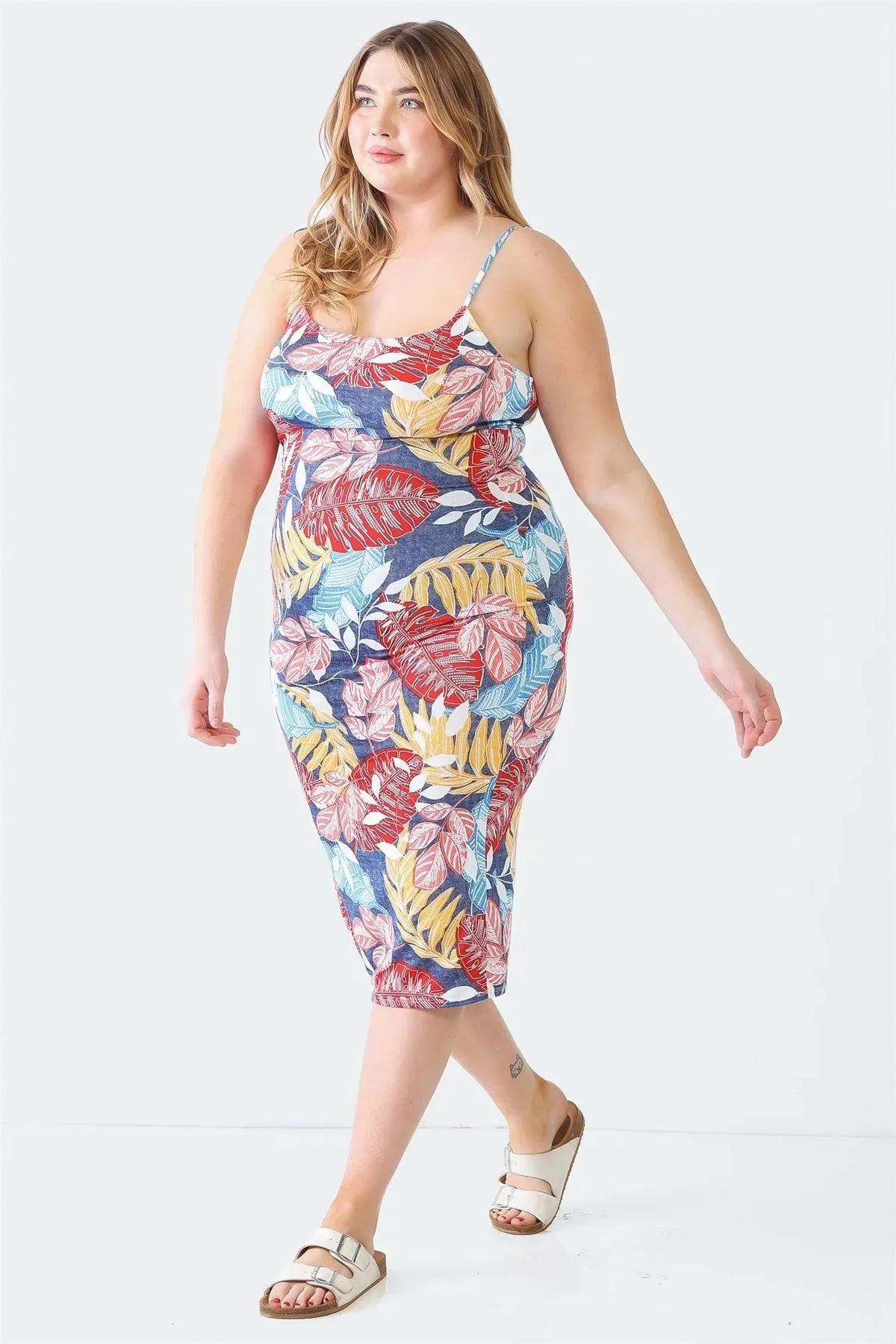 Plus Size Red Palm Leaves Print Strappy Midi Dress