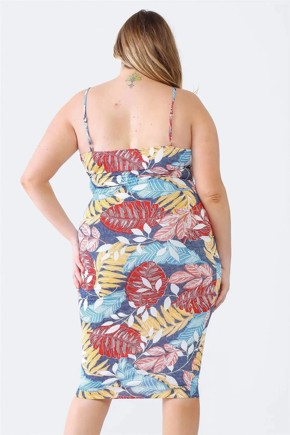 Plus Size Red Palm Leaves Print Strappy Midi Dress