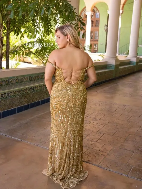Primavera Couture 14054 Long Prom Dress Plus Size Corset Sequin Fitted Off Shoulder Formal Gown